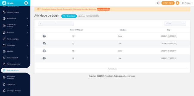 É possível monitorar atividades de login para saber o início e fim de uma jornada de trabalho no PC alvo