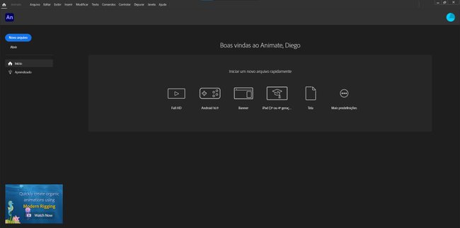 O Adobe Animate conta com diversos layouts para você iniciar o seu projeto